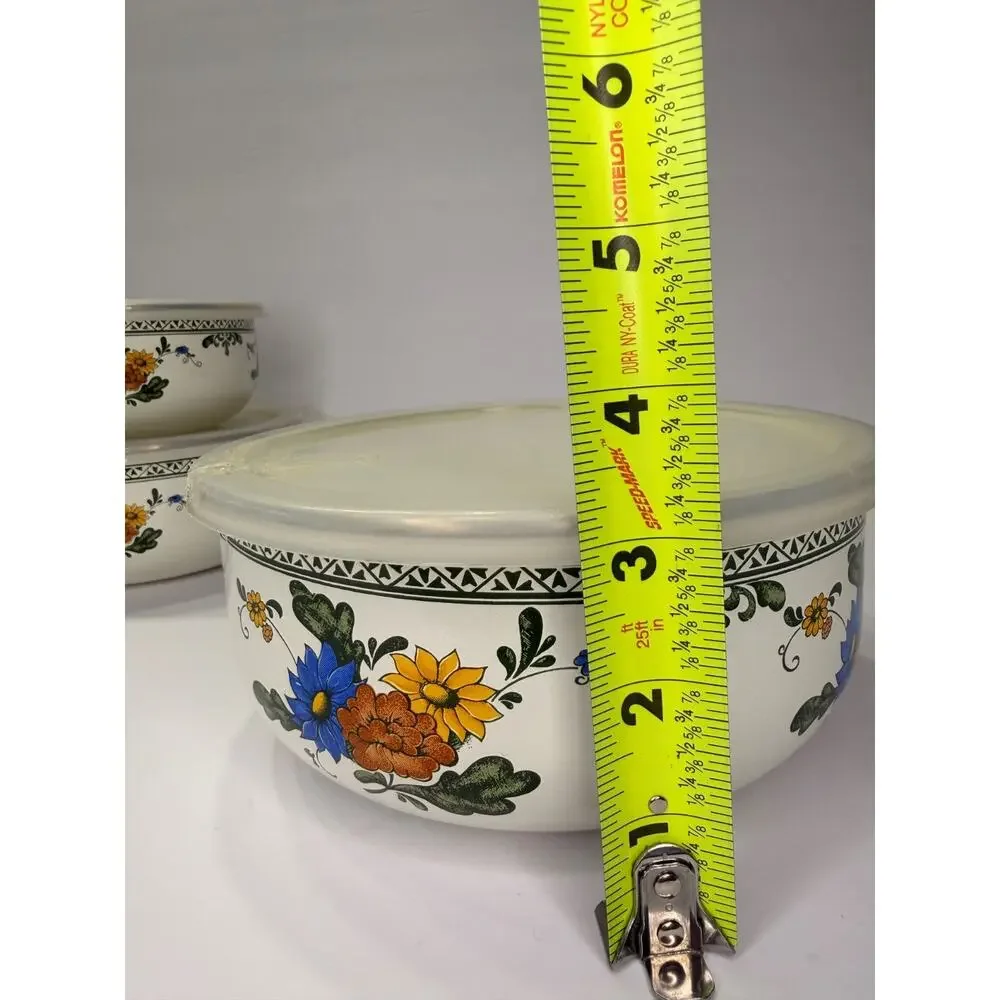 Vintage Floral Enamelware Nesting Bowls Set of 3 With Lids